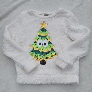 Chance or Fate sequin ivory Christmas tree sherpa womens sweater size L